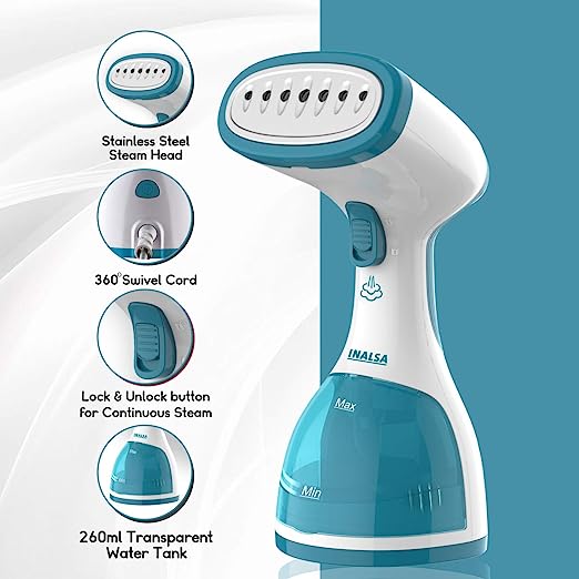 Inalsa Xpress 1200-Watt Garment Steamer with Detachable Fabric & Steam Brush & 260ml Capacity | Vertical & Horizontal Ironing, (White/Aqua Green) Inalsa Xpress 1200-Watt Garment Steamer with Detachable Fabric & Steam Brush & 260ml Capacity | Vertical & Horizontal Ironing, (White/Aqua Green)